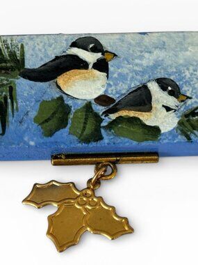 Christmas Brooch Hand Painted Domino Pin Chickadee Bird Holly Charm Upcycled Art